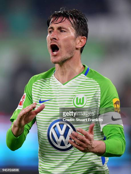 Paul Verhaegh of Wolfsburg reacts during the Bundesliga match between VfL Wolfsburg and FC Augsburg at Volkswagen Arena on April 13, 2018 in...