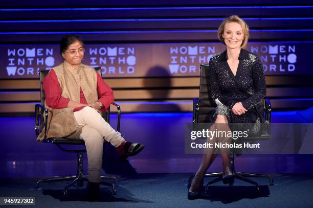 Sunitha Krishnan and Alyse Nelson speak on stage at the 2018 Women In The World Summit at Lincoln Center on April 13, 2018 in New York City.