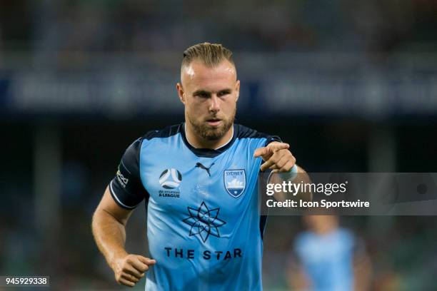 Sydney FC defender Jordy Buijs points to the corner at the A-League Soccer Match between Sydney FC and Melbourne Victory on April 13, 2018 at Allianz...