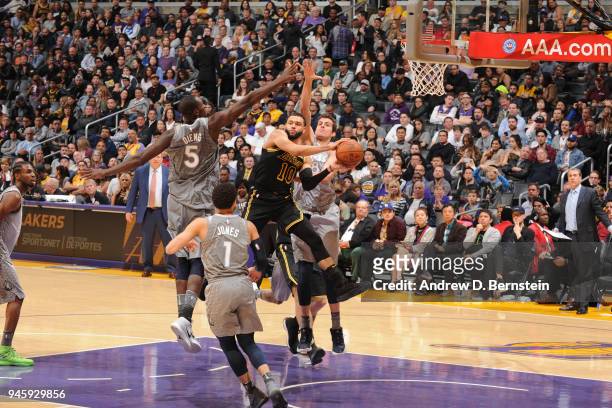 Tyler Ennis of the Los Angeles Lakers passes the ball against the Minnesota Timberwolves on April 6, 2018 at STAPLES Center in Los Angeles,...
