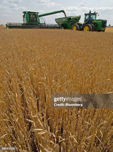 Farmer runs his new combine through the first days harvest of more than 900 acres of winter wheat in a field near Delaware, Ohio, Friday, June 30,...