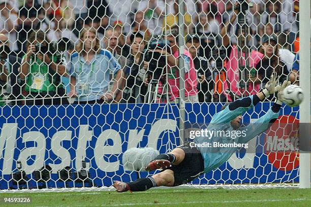 German goalkeeper Jens Lehmann makes a save during a penalty shootout in 2006 FIFA World Cup Germany versus Argentina quarter-final soccer match in...