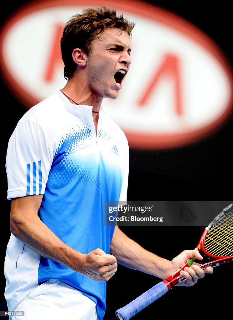 Gilles Simon of France pumps himself up during his match aga