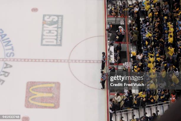 Aerial view of Philadelphia Flyers Michael Raffl in penalty box during game vs Pittsburgh Penguins at PPG Paints Arena. Game 1. Pittsburgh, PA...