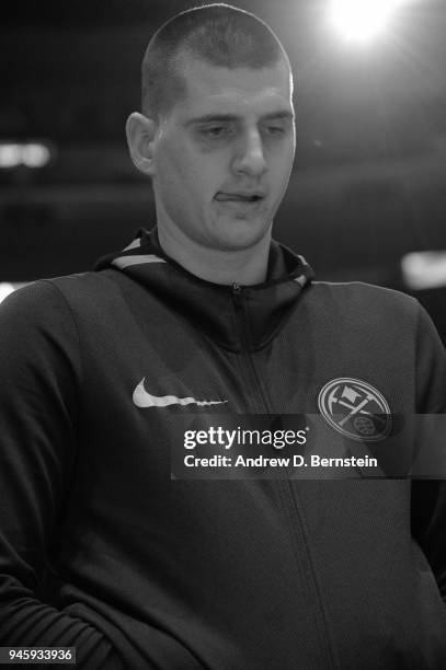 Nikola Jokic of the Denver Nuggets is photographed during the national anthem before the game against the LA Clippers on April 7, 2018 at STAPLES...