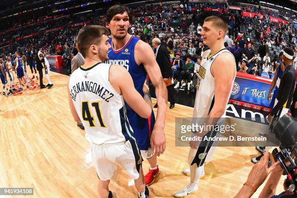 Juan Hernangomez of the Denver Nuggets, Nikola Jokic of the Denver Nuggets and Boban Marjanovic of the LA Clippers and photographed during the game...