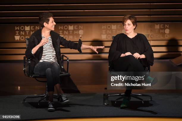 Dominique Crenn and Barbara Lynch speak on stage at the 2018 Women In The World Summit at Lincoln Center on April 13, 2018 in New York City.