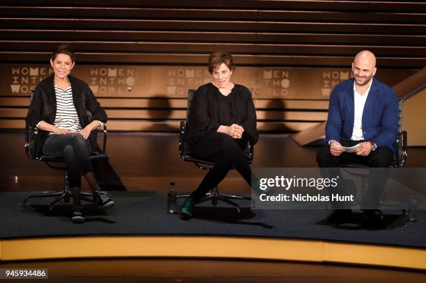 Dominique Crenn, Barbara Lynch and Sam Kass speak on stage at the 2018 Women In The World Summit at Lincoln Center on April 13, 2018 in New York City.