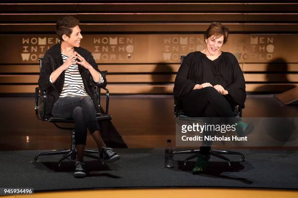 Dominique Crenn and Barbara Lynch speak on stage at the 2018 Women In The World Summit at Lincoln Center on April 13, 2018 in New York City.