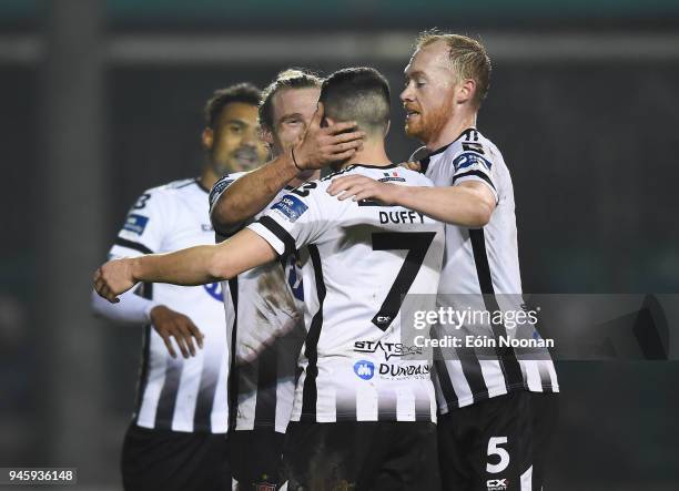 Wicklow , Ireland - 13 April 2018; John Mountney, left, of Dundalk celebrates with team-mate Michael Duffy after scoring his side's second goal...