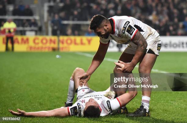 Belfast , United Kingdom - 13 April 2018; s of Ulster is congratulated by Charles Piutau after scoring his sides first try in the final minute of the...