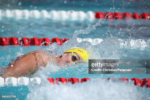 Allison Schmitt competes in the Womens 100 LC Meter Freestyle prelim during day two of the TYR Pro Swim Series at the Skyline Aquatic Center on April...