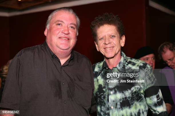 David Hidalgo and Blondie Chaplin pose for a portrait at the Rick Rosas memorial at The Joint in Los Angeles, California on January 10, 2015.