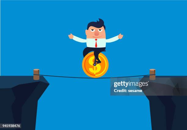 businessman riding a wheelbarrow walking a wire rope - wire rope stock illustrations