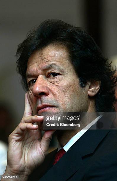 Imran Khan, leader of the Tehriq-e-Insaaf political party, attends the first day of the Hindustan Times Leadership Summit in New Delhi, India, on...