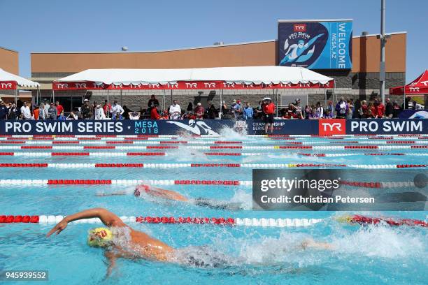 Swimmers compete in the Mens 100 LC Meter Freestyle prelim during day two of the TYR Pro Swim Series at the Skyline Aquatic Center on April 13, 2018...