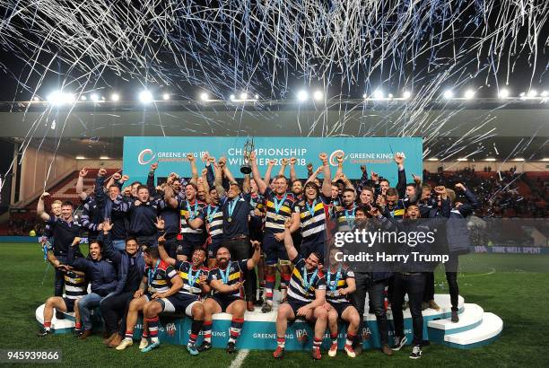 The Bristol Rugby side lift the trophy after being crowned champions of the Greene King IPA Championship during the Greene King IPA Championship...