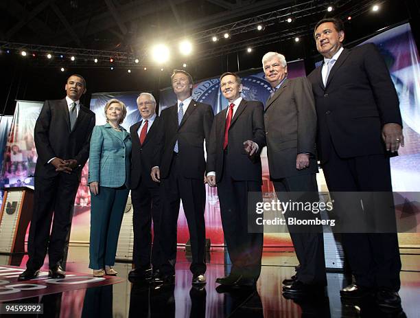 From left to right: Senator Barack Obama of Illinois, Senator Hillary Clinton of New York, former Senator Mike Gravel of Alaska, former Senator John...