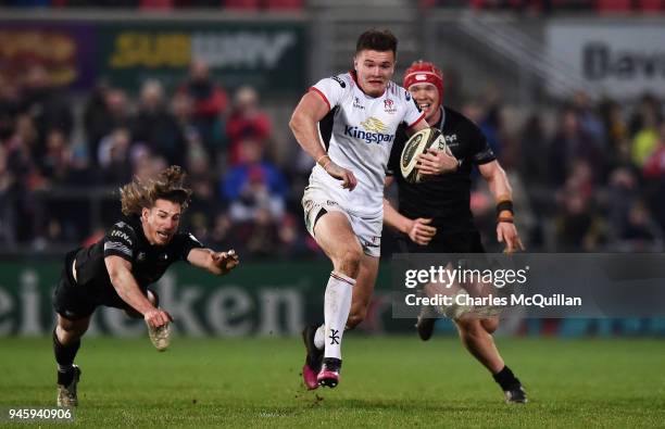 Jacob Stockdale of Ulster slips past the Ospreys back line to score the only try of the game in the dying seconds of the Guinness Pro14 rugby game at...