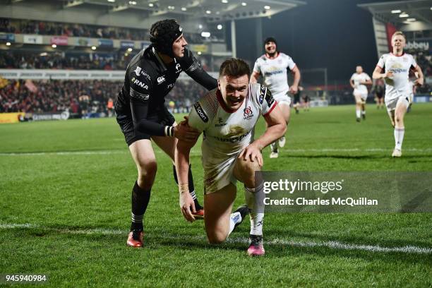 Jacob Stockdale of Ulster celebrates after scoring the only try of the game in the dying seconds of the Guinness Pro14 rugby game between Ulster and...