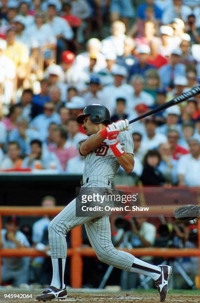 Benito Santiago of the San Diego Padres bats at the 1989 MLB All Star game played at the Big A circa 1989 in Anaheim,California on July 11th 1989.