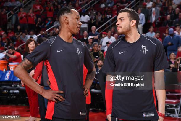 Hunter of the Houston Rockets and Tim Quarterman of the Houston Rockets talk before the game against the Oklahoma City Thunder on April 7, 2018 at...