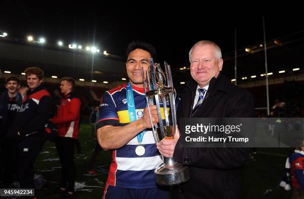 David Lemi of Bristol Rugby poses with the trophy with Bristol Rugby CEO Steve Lansdown during the Greene King IPA Championship match between Bristol...