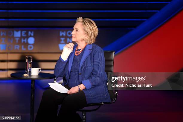 Hillary Rodham Clinton speaks on stage at the 2018 Women In The World Summit at Lincoln Center on April 13, 2018 in New York City.