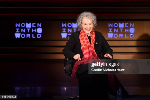 Margaret Atwood speaks on stage at the 2018 Women In The World Summit at Lincoln Center on April 13, 2018 in New York City.