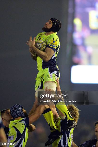 Josh Strauss of Sale Sharks takes the ball during the Aviva Premiership match between Newcastle Falcons and Sale Sharks at Kingston Park on April 13,...