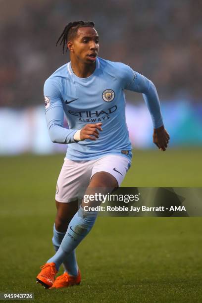 Demeaco Duhaney of Manchester City during the Premier League 2 match at Manchester City Football Academy on April 13, 2018 in Manchester, England.