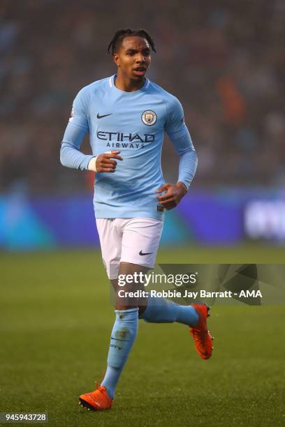 Demeaco Duhaney of Manchester City during the Premier League 2 match at Manchester City Football Academy on April 13, 2018 in Manchester, England.