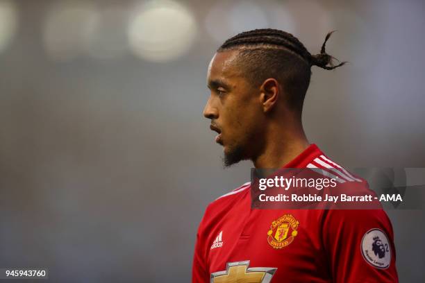 Cameron Borthwick-Jackson of Manchester United during the Premier League 2 match at Manchester City Football Academy on April 13, 2018 in Manchester,...