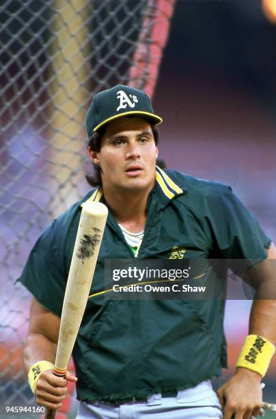 Jose Canseco of the Oakland A's takes BP against the California Angels at the Big A circa 1988 in Anaheim,California.