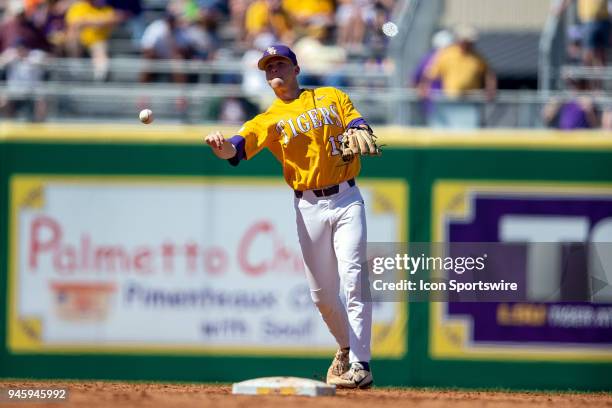 Tigers right handed pitcher Austin Bain makes an out during a baseball game between the Mississippi State Bulldogs and the LSU Tigers on March 31,...