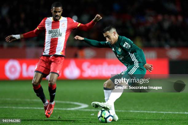 Cristian Tello of Real Betis during the La Liga Santander match between Girona v Real Betis Sevilla at the Estadi Municipal Montilivi on April 13,...