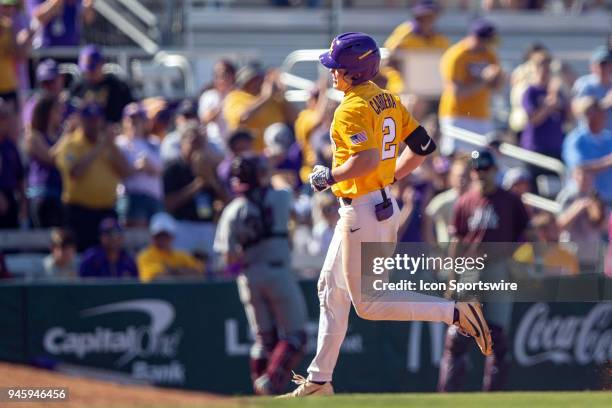 Tigers outfielder Daniel Cabrera circles the bases during a baseball game between the Mississippi State Bulldogs and the LSU Tigers on March 31, 2018...