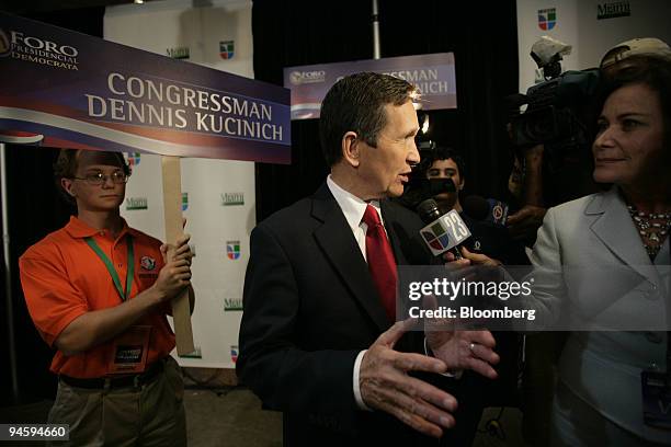 Representative Dennis Kucinich of Ohio speaks to the media in the spin room after the Destino 2008 Democratic Candidate Forum at the University of...