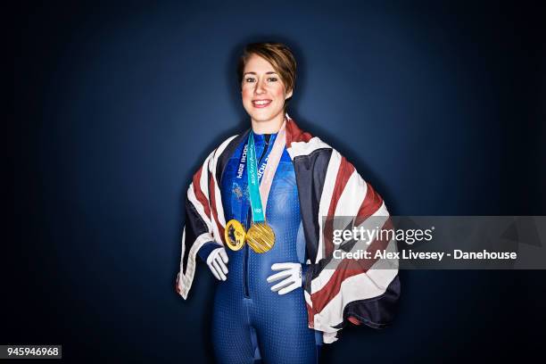 Lizzy Yarnold of Great Britain poses for a portrait wearing gold medals she won at the Sochi 2014 and PyeongChang 2018 Winter Olympic Games on March...