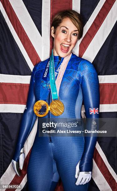 Lizzy Yarnold of Great Britain poses for a portrait wearing gold medals she won at the Sochi 2014 and PyeongChang 2018 Winter Olympic Games on March...