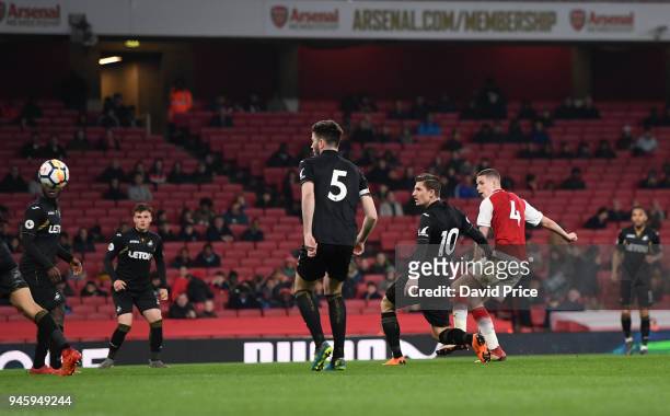 Charlie Gilmour scores a goal for Arsenal during the match between Arsenal U23 and Swansea U23 at Emirates Stadium on April 13, 2018 in London,...