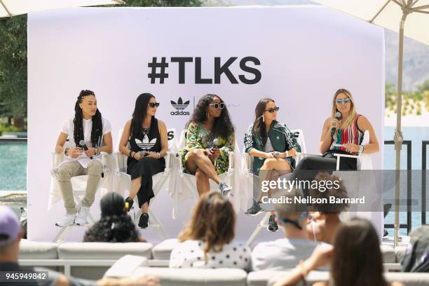 Amber Whittington, Lauren Abedini, Ade Samuel, Olivia Perez and Katie H. Willcox speak during adidas Originals #TLKS Back of House at Zenyara Luxury...