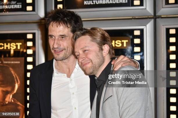 Oliver Mommsen and producer Adrian Topol during the premiere 'Die Haut der Anderen' at Kino in der Kulturbrauerei on April 13, 2018 in Berlin,...