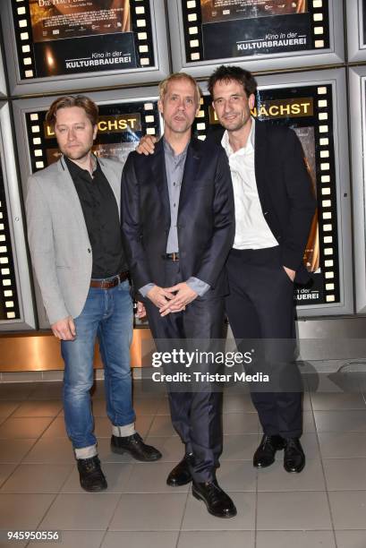 Oliver Mommsen, producer Adrian Topol and director Thomas Stiller during the premiere 'Die Haut der Anderen' at Kino in der Kulturbrauerei on April...