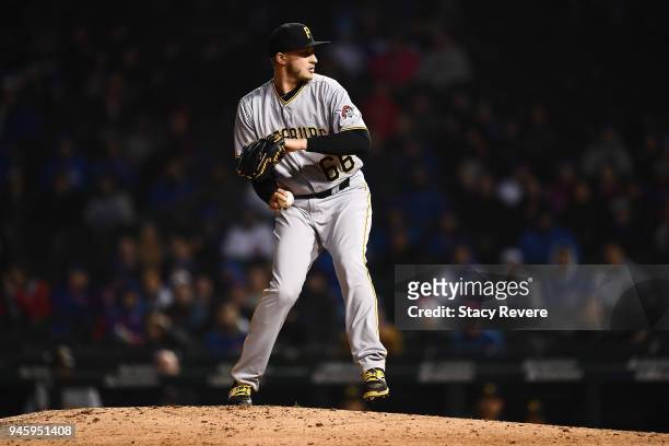 Dovydas Neverauskas of the Pittsburgh Pirates throws a pitch during a game against the Chicago Cubs at Wrigley Field on April 11, 2018 in Chicago,...