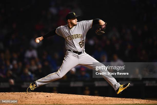 Dovydas Neverauskas of the Pittsburgh Pirates throws a pitch during a game against the Chicago Cubs at Wrigley Field on April 11, 2018 in Chicago,...