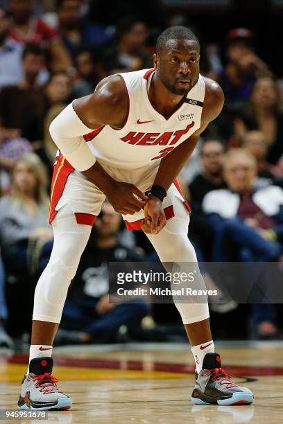 Dwyane Wade of the Miami Heat in action against the Toronto Raptors during the second half at American Airlines Arena on April 11, 2018 in Miami,...