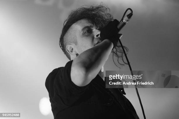 Peter Spilles of Project Pitchfork performs live on stage during a concert at Huxleys Neue Welt on April 13, 2018 in Berlin, Germany.