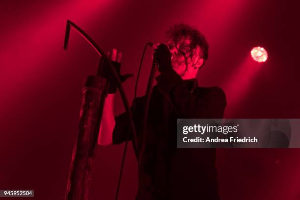 Peter Spilles of Project Pitchfork performs live on stage during a concert at Huxleys Neue Welt on April 13, 2018 in Berlin, Germany.