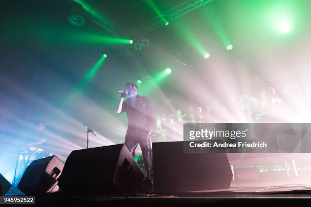 Project Pitchfork perform live on stage during a concert at Huxleys Neue Welt on April 13, 2018 in Berlin, Germany.